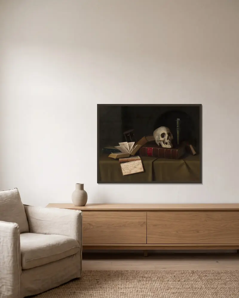 Memento mori, 'Till denna skepnad' av William Michael Harnett inramad på en vägg
