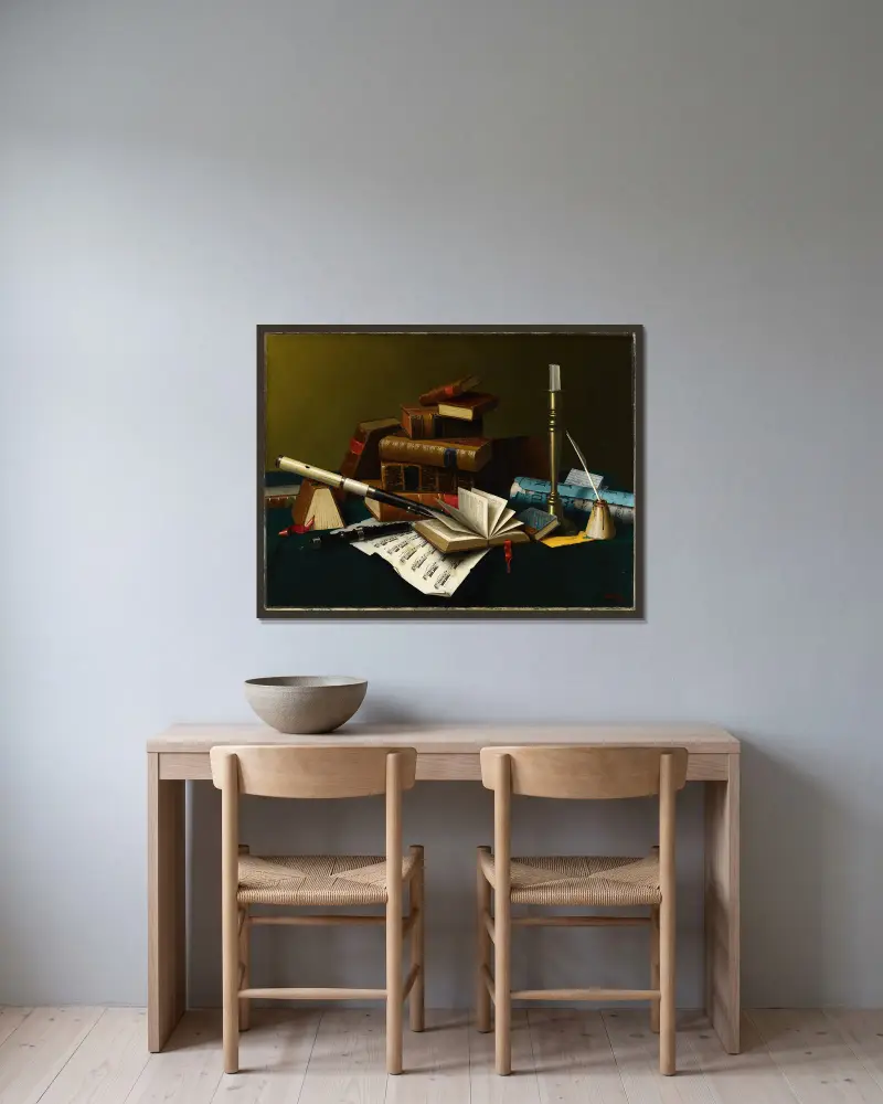 Music and Literature av William Michael Harnett inramad på en vägg