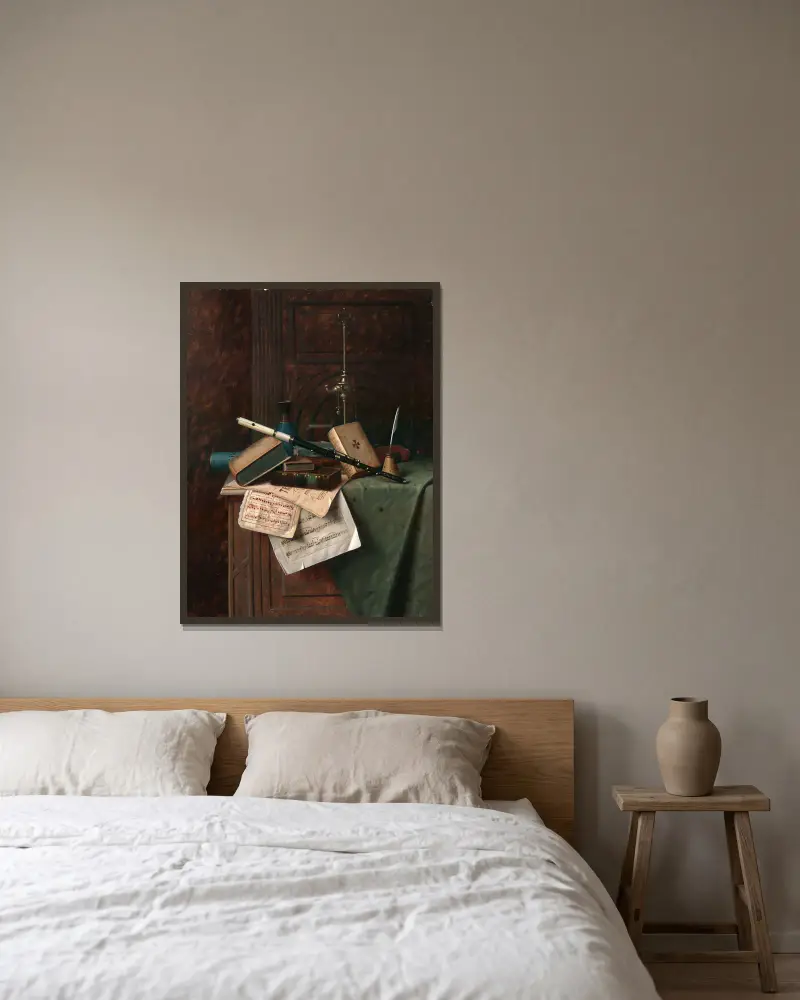 Martwa natura z fletem, wazonem i rzymską lampą, William Michael Harnett w ramie na ścianie