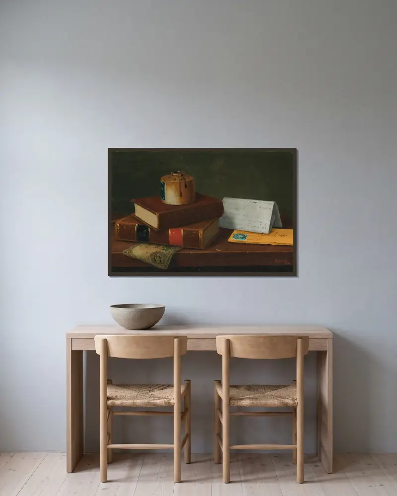 Stillleben mit Brief an Mr. William Taggart, Esq. von William Michael Harnett gerahmt an einer Wand