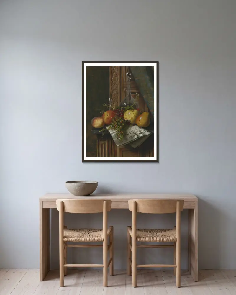 Stilleben med Münchentidning, frukt och karaff av William Michael Harnett inramad på en vägg