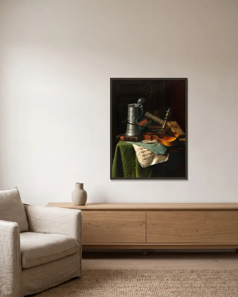 Stillleben mit Violine, 1883 von William Michael Harnett gerahmt an einer Wand