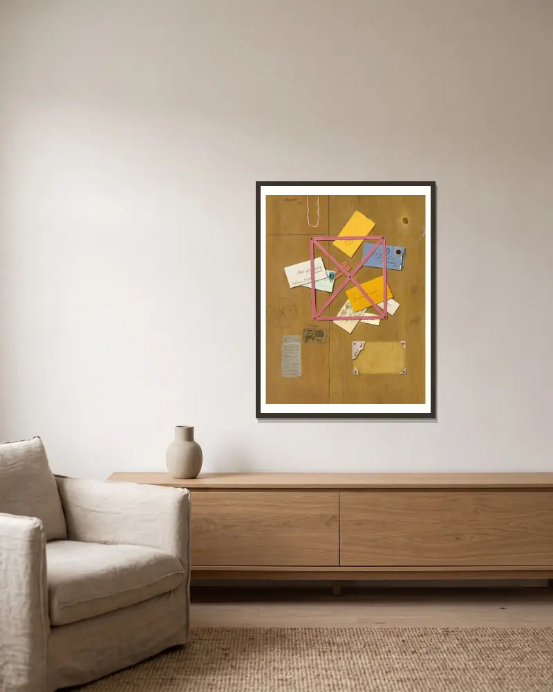 Der Briefkorb des Künstlers von William Michael Harnett gerahmt an einer Wand