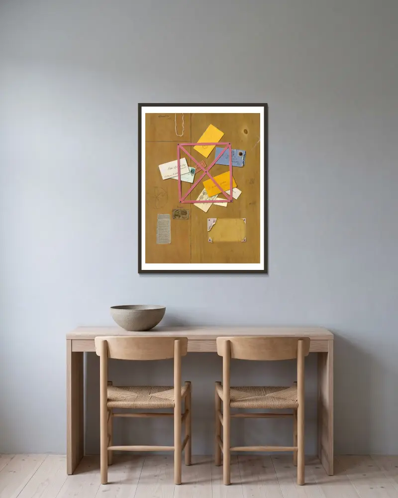 Der Briefkorb des Künstlers von William Michael Harnett gerahmt an einer Wand