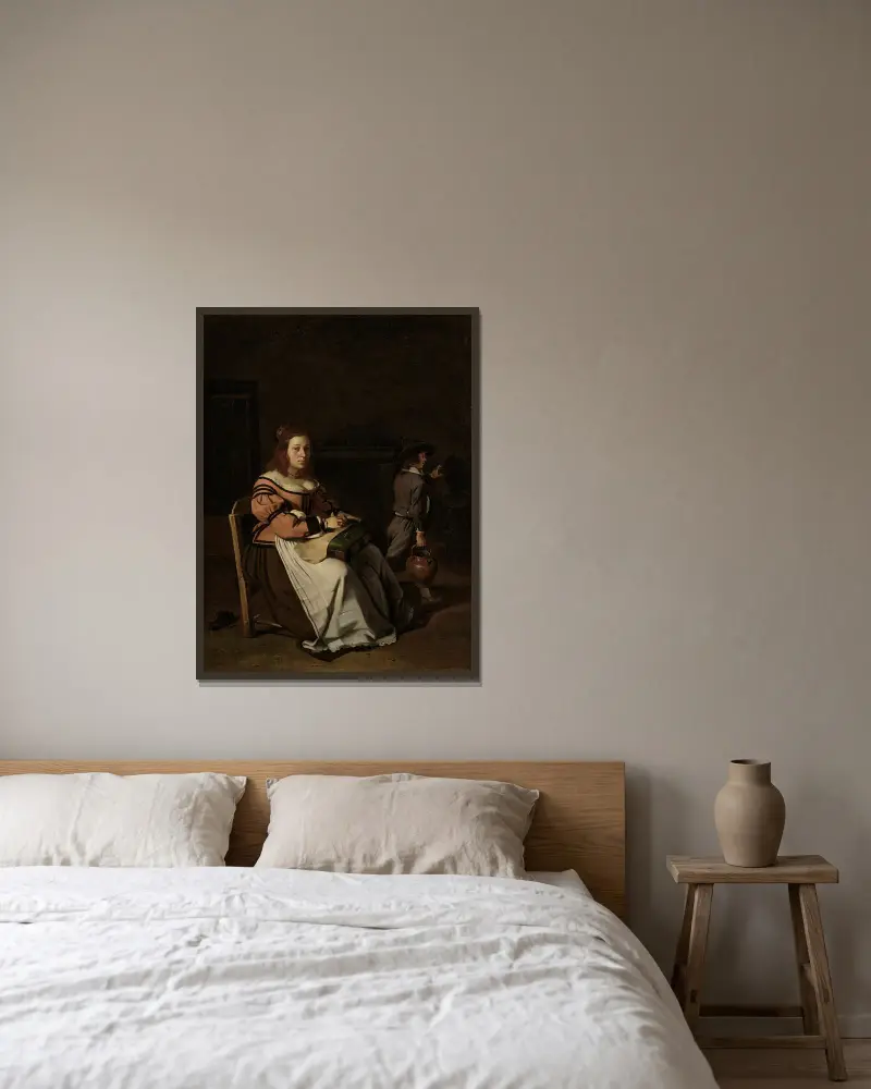 Eine Dame, die im Interieur Spitze näht von Michael Sweerts gerahmt an einer Wand