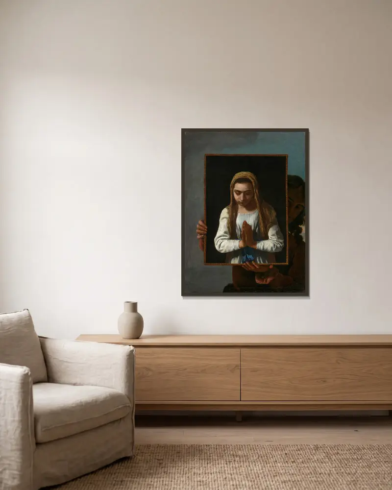 Ett porträtt av konstnären, framställande Jungfrun i bön av Michael Sweerts inramad på en vägg