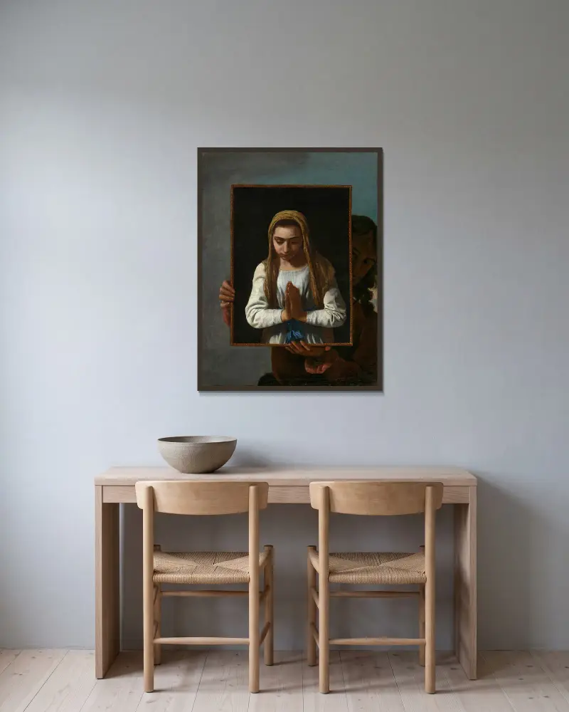 Ett porträtt av konstnären, framställande Jungfrun i bön av Michael Sweerts inramad på en vägg