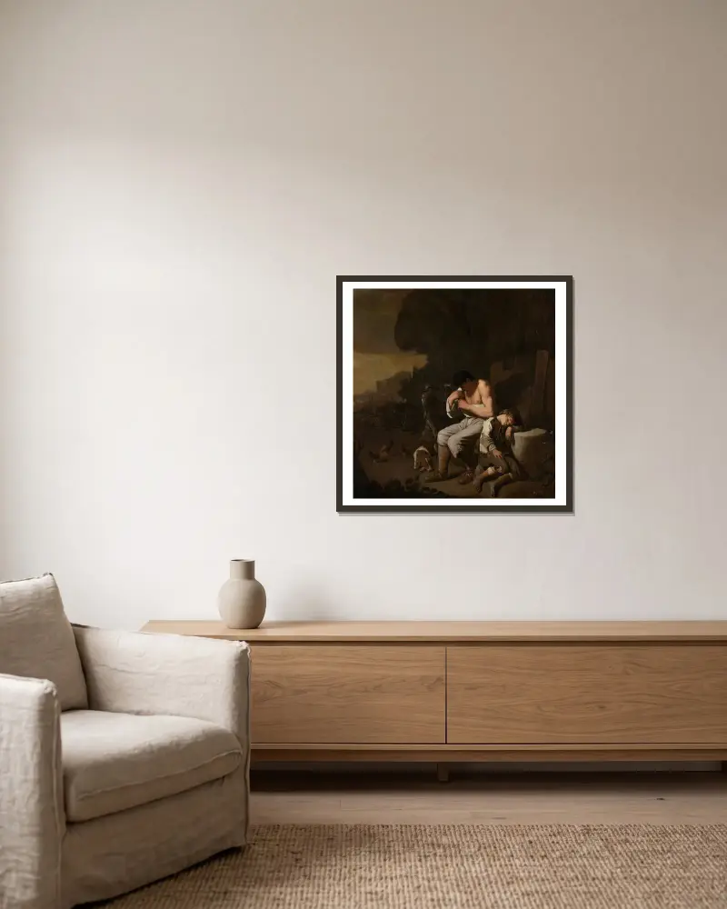 Ein schlafender Junge und ein Mann, der sich Flöhe absammelt von Michael Sweerts gerahmt an einer Wand