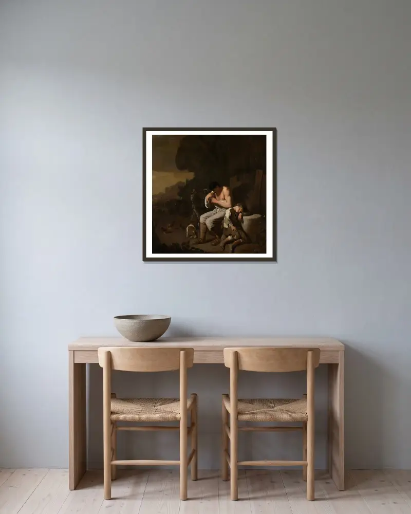 Ein schlafender Junge und ein Mann, der sich Flöhe absammelt von Michael Sweerts gerahmt an einer Wand