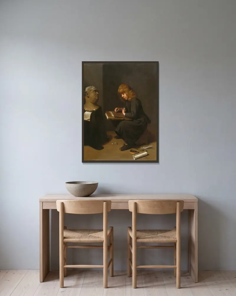 Pojke som tecknar framför bysten av en romersk kejsare av Michael Sweerts inramad på en vägg