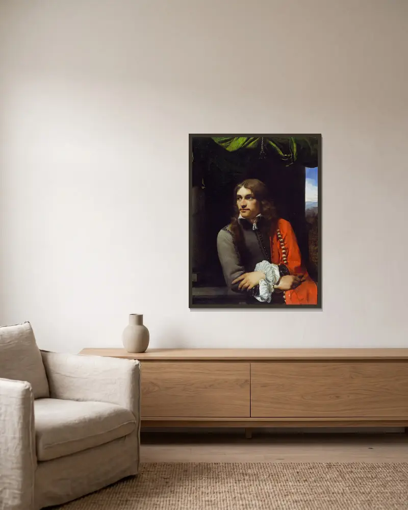 Porträtt av man, möjligen Jean Deutz, i röd mantel av Michael Sweerts inramad på en vägg