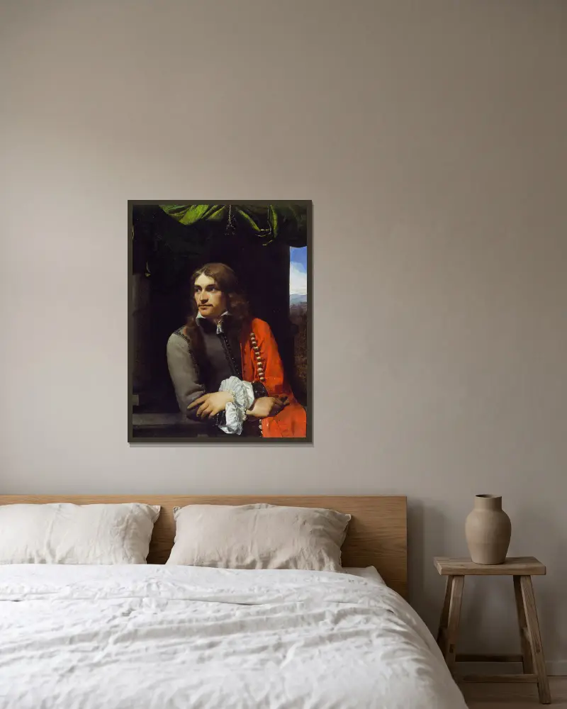 Porträtt av man, möjligen Jean Deutz, i röd mantel av Michael Sweerts inramad på en vägg