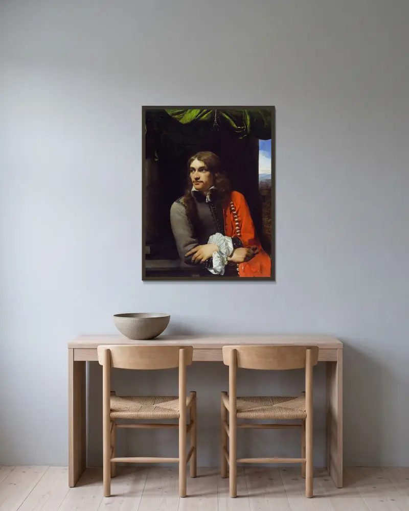 Porträtt av man, möjligen Jean Deutz, i röd mantel av Michael Sweerts inramad på en vägg