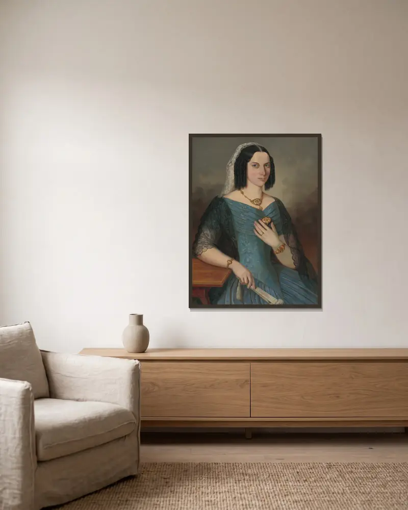 Bildnis einer Dame in Blau von Peter Michal Bohúň gerahmt an einer Wand