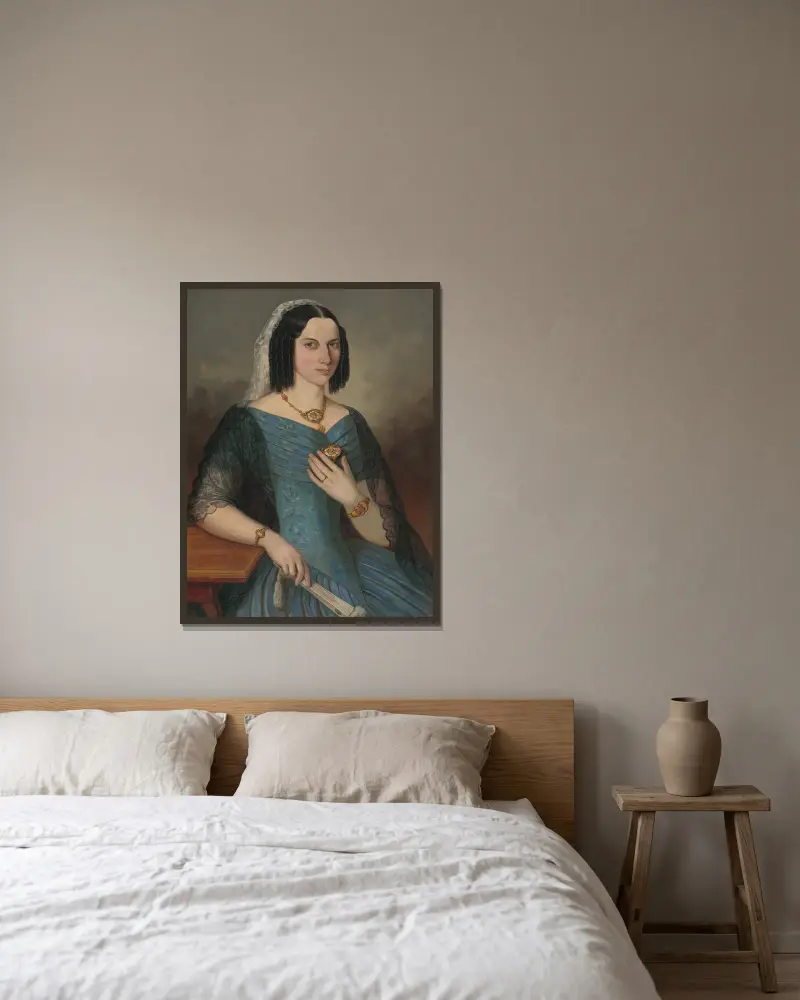 Bildnis einer Dame in Blau von Peter Michal Bohúň gerahmt an einer Wand