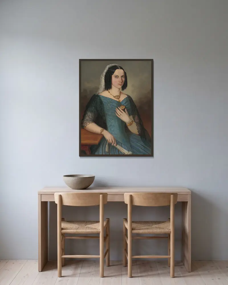 Bildnis einer Dame in Blau von Peter Michal Bohúň gerahmt an einer Wand