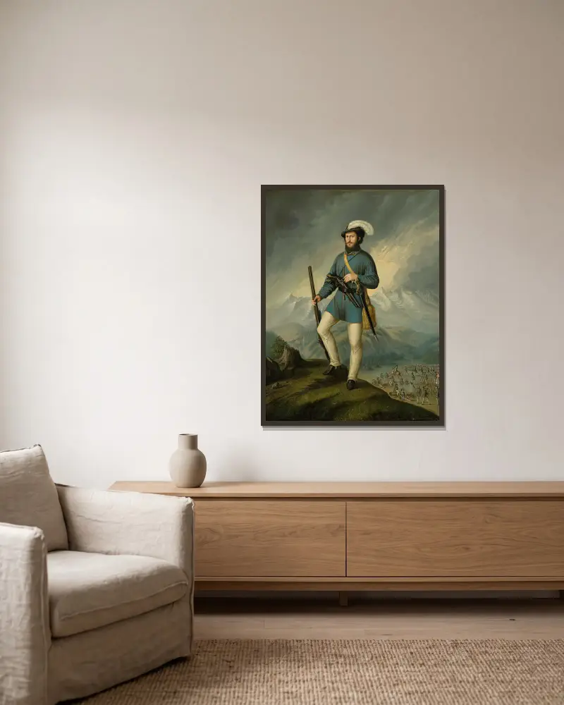 Porträt von Ján Francisci als Kapitän der slowakischen Freiwilligen von Peter Michal Bohúň gerahmt an einer Wand