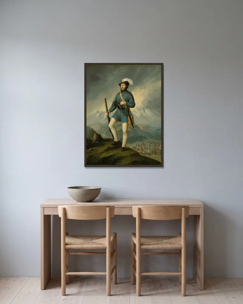 Porträt von Ján Francisci als Kapitän der slowakischen Freiwilligen von Peter Michal Bohúň gerahmt an einer Wand
