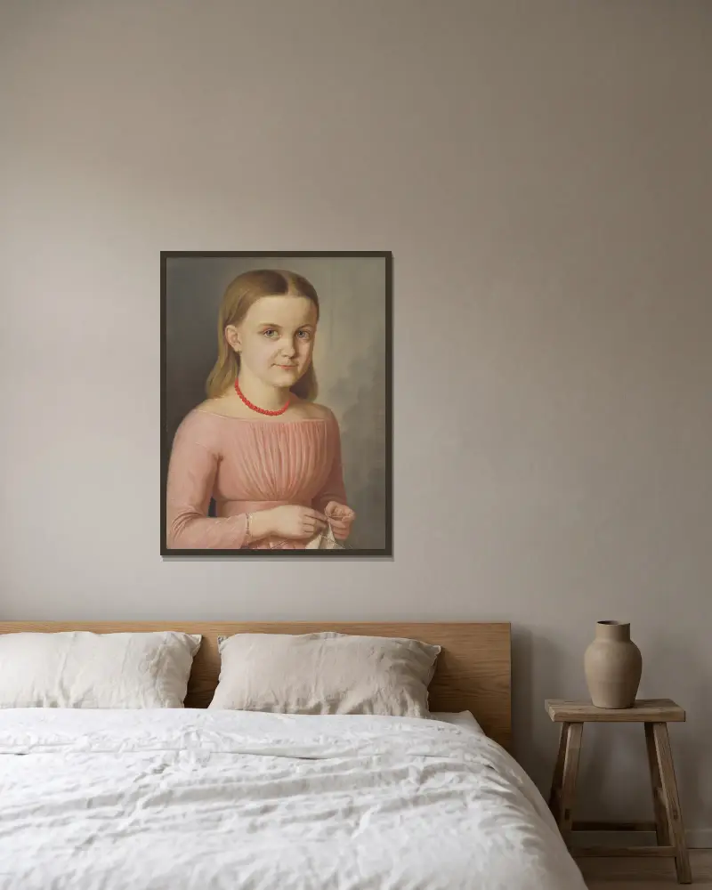 Porträt von Ľudmila Droppová von Peter Michal Bohúň gerahmt an einer Wand