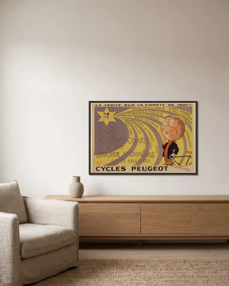Sanningen om kometen 1907 – Peugeot-cyklar av Mich (Michel Liebeaux) inramad på en vägg