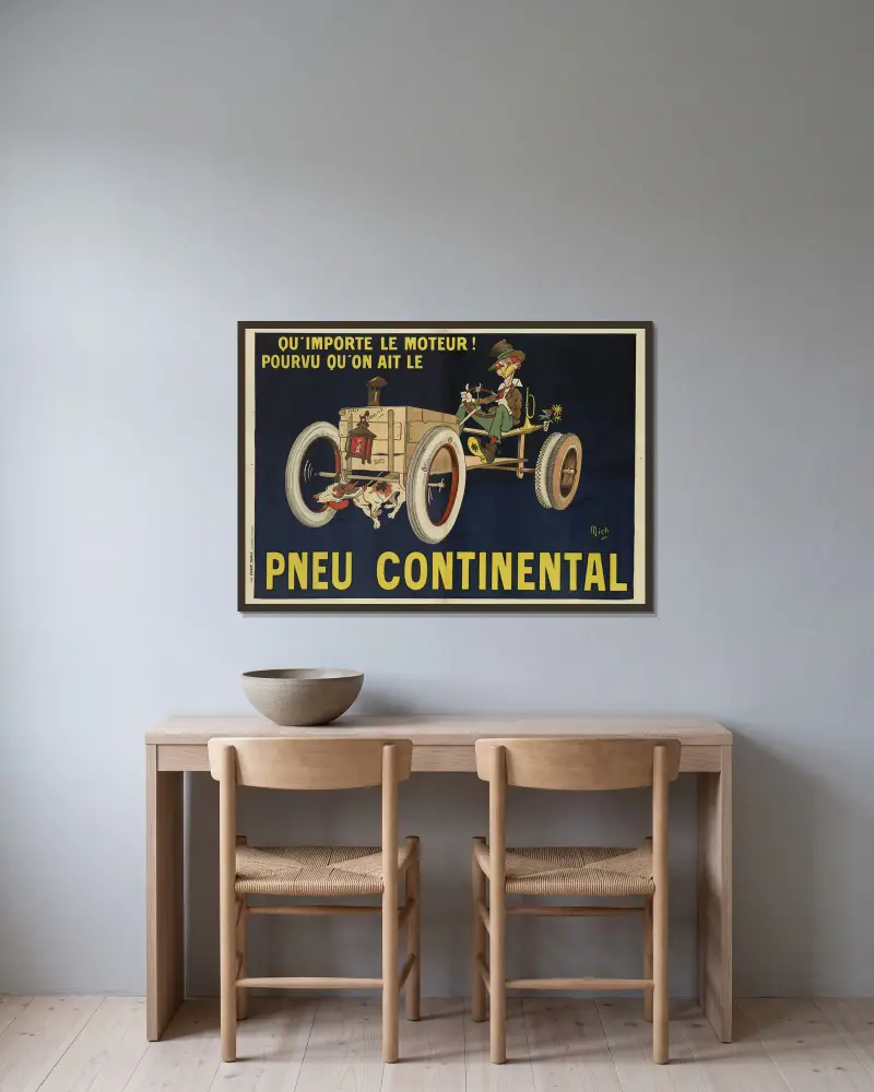 Vilken motor som helst, bara man har Continental-däck av Mich (Michel Liebeaux) inramad på en vägg