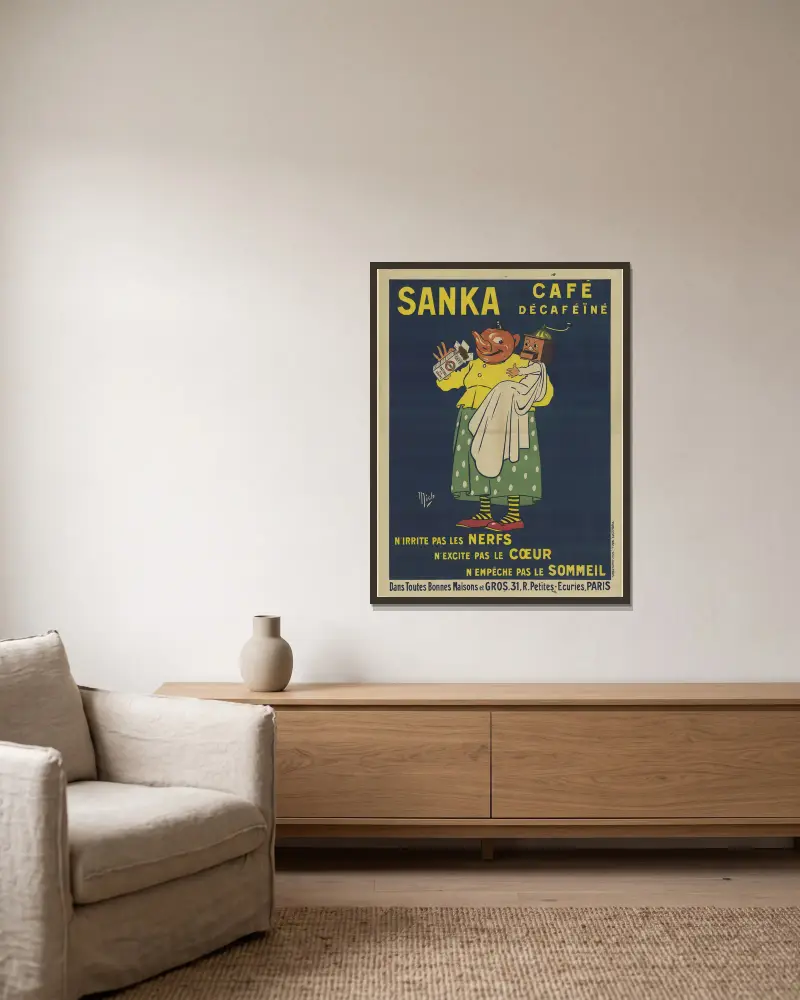 Sanka, koffeinfritt kaffe. Irriterar inte nerverna, stimulerar inte hjärtat, hindrar inte sömnen av Mich (Michel Liebeaux) inramad på en vägg