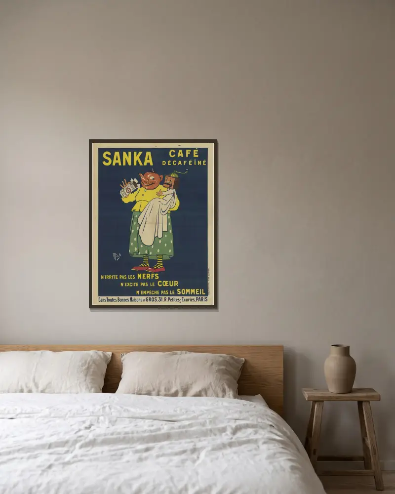 Sanka, koffeinfritt kaffe. Irriterar inte nerverna, stimulerar inte hjärtat, hindrar inte sömnen av Mich (Michel Liebeaux) inramad på en vägg