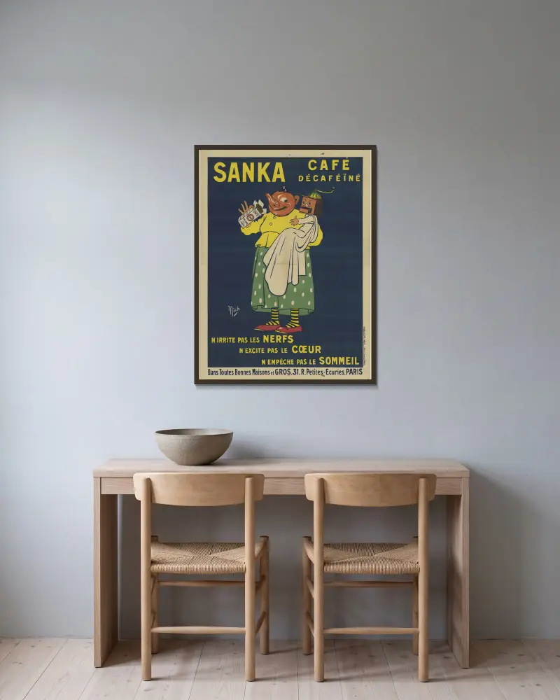 Sanka, koffeinfritt kaffe. Irriterar inte nerverna, stimulerar inte hjärtat, hindrar inte sömnen av Mich (Michel Liebeaux) inramad på en vägg