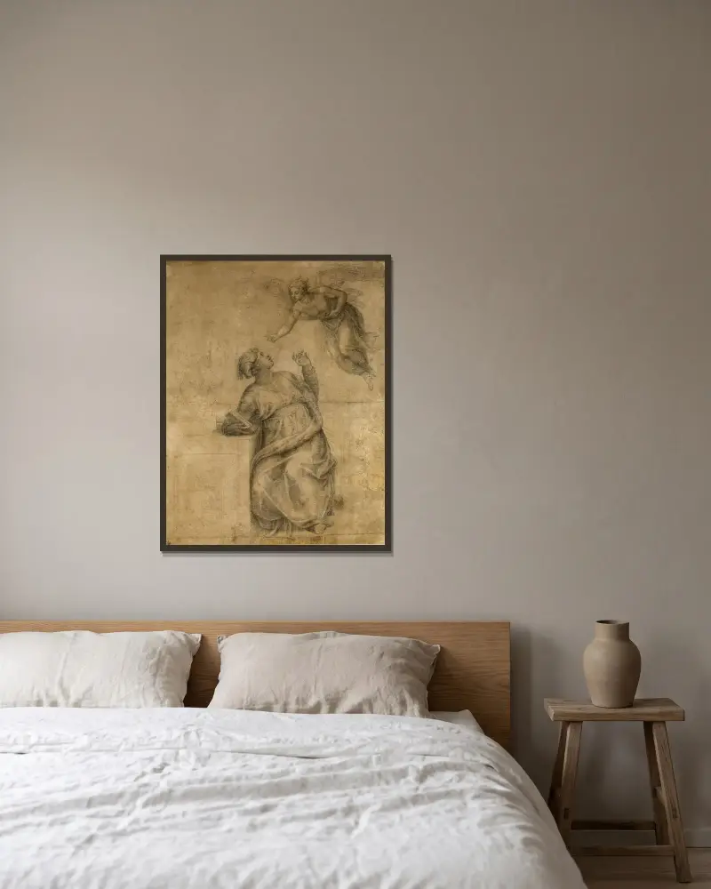 Bebådelsen av Michelangelo inramad på en vägg