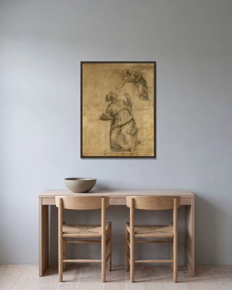Bebådelsen av Michelangelo inramad på en vägg