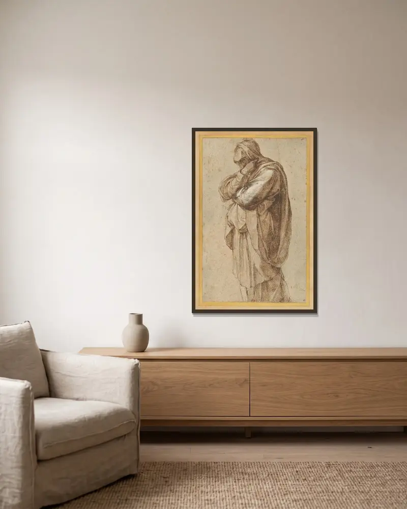 Studie av en sörjande kvinna av Michelangelo inramad på en vägg