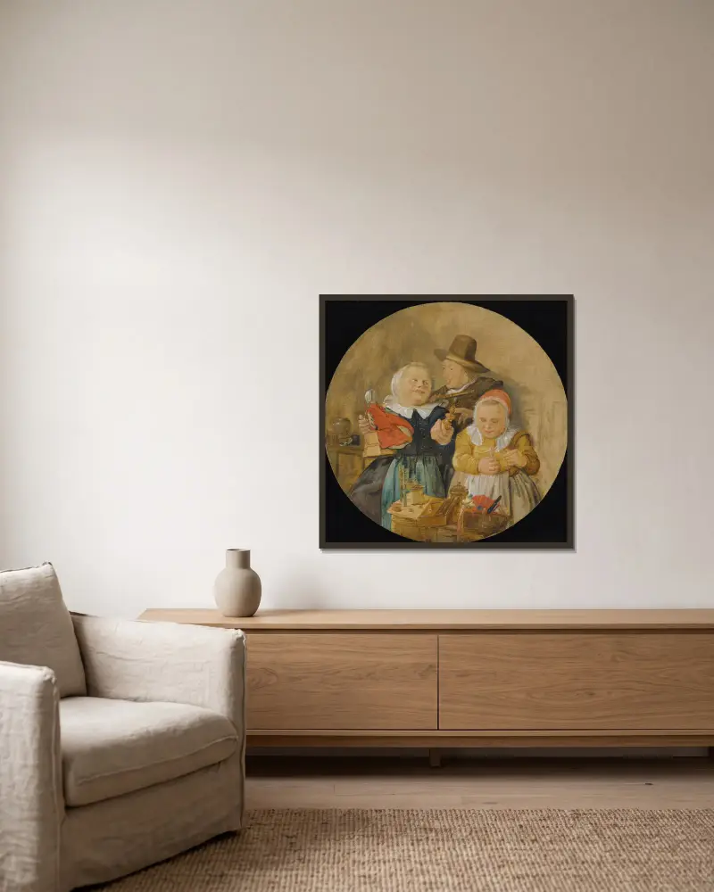 An Interior With A Man Holding A Flute, And Two Children Playing With Their Toys av Jan Miense Molenaer inramad på en vägg