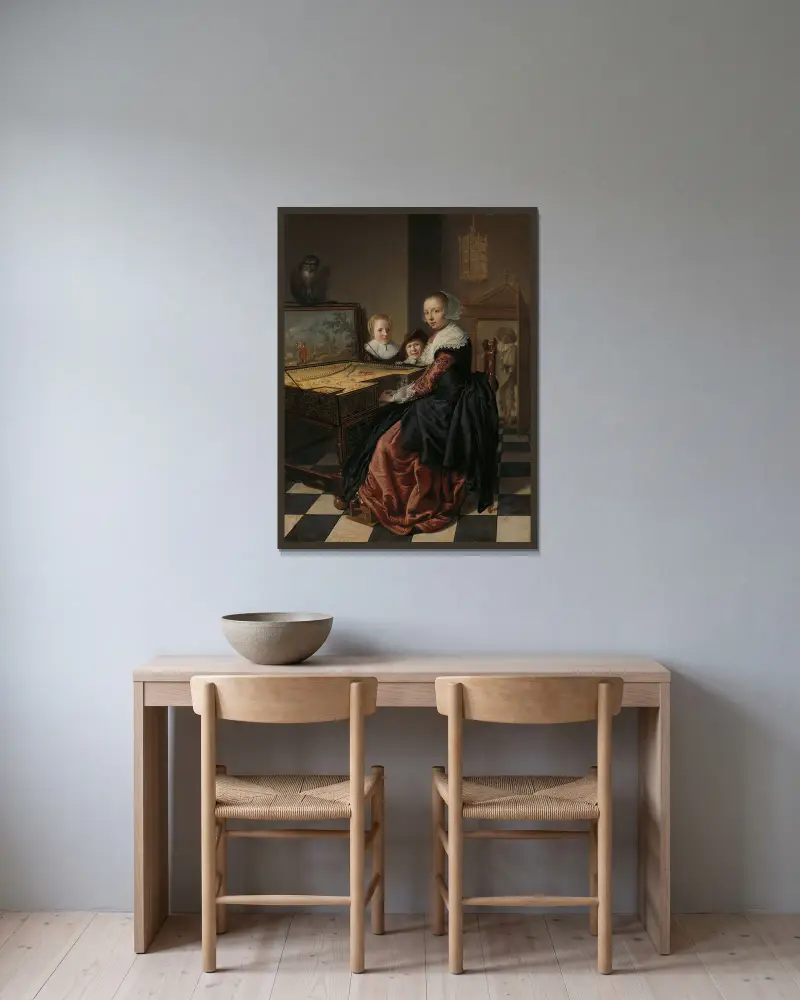 Kvinna spelar virginal av Jan Miense Molenaer inramad på en vägg
