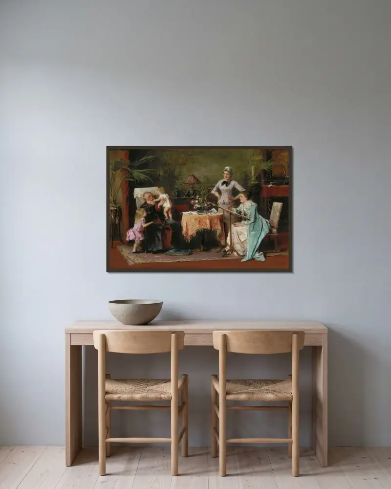 Farfars namnsdag av Mihály Munkácsy inramad på en vägg