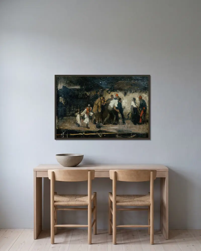 Ungarische Dorfszene von Mihály Munkácsy gerahmt an einer Wand