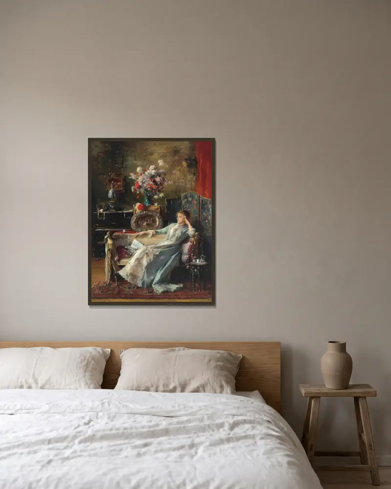 Ung kvinna sittande i en soffa av Mihály Munkácsy inramad på en vägg