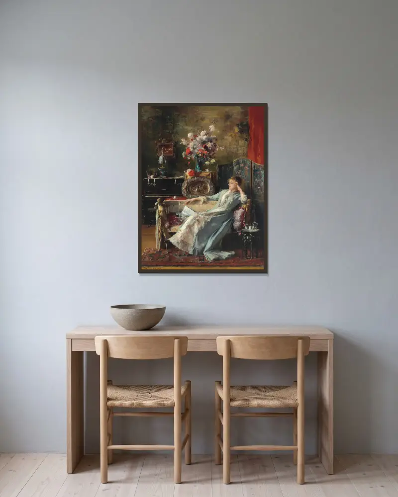 Ung kvinna sittande i en soffa av Mihály Munkácsy inramad på en vägg
