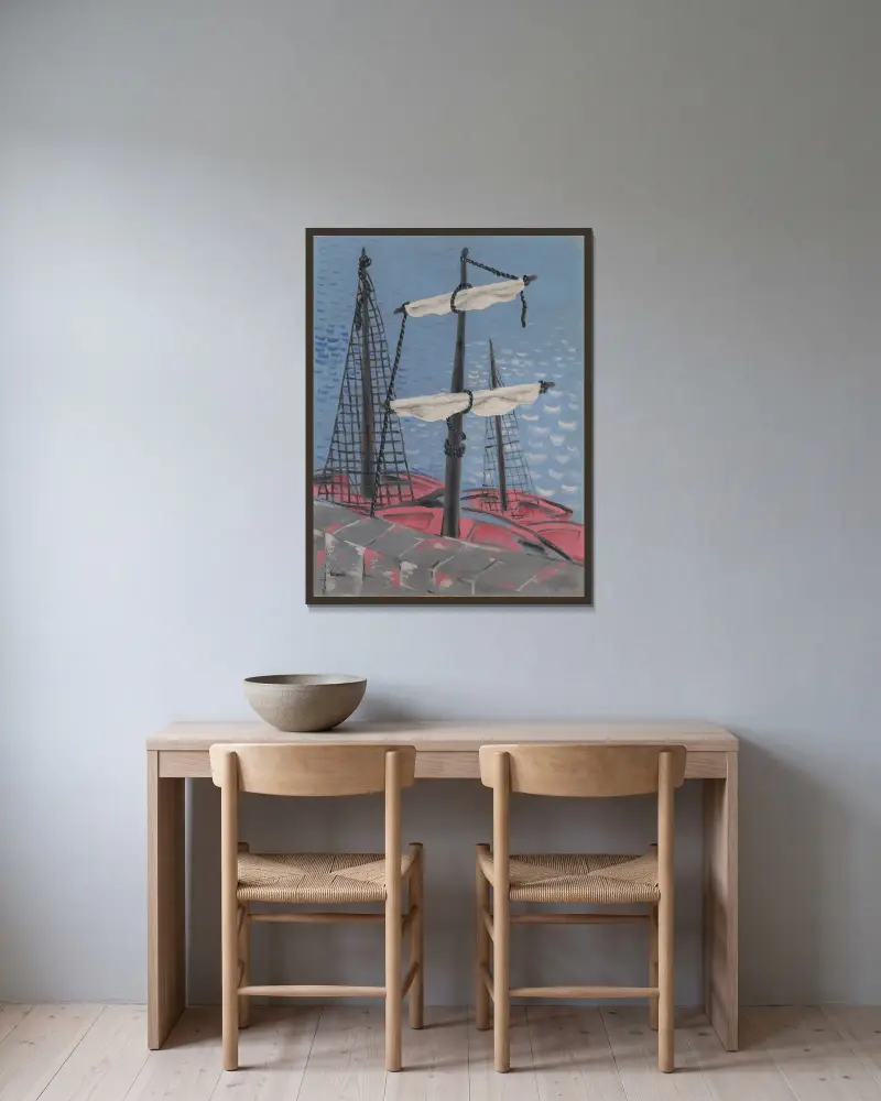 Fishing Boats av Mikuláš Galanda inramad på en vägg