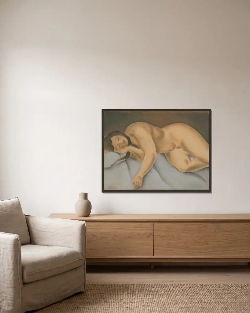 Lying female nude av Mikuláš Galanda inramad på en vägg