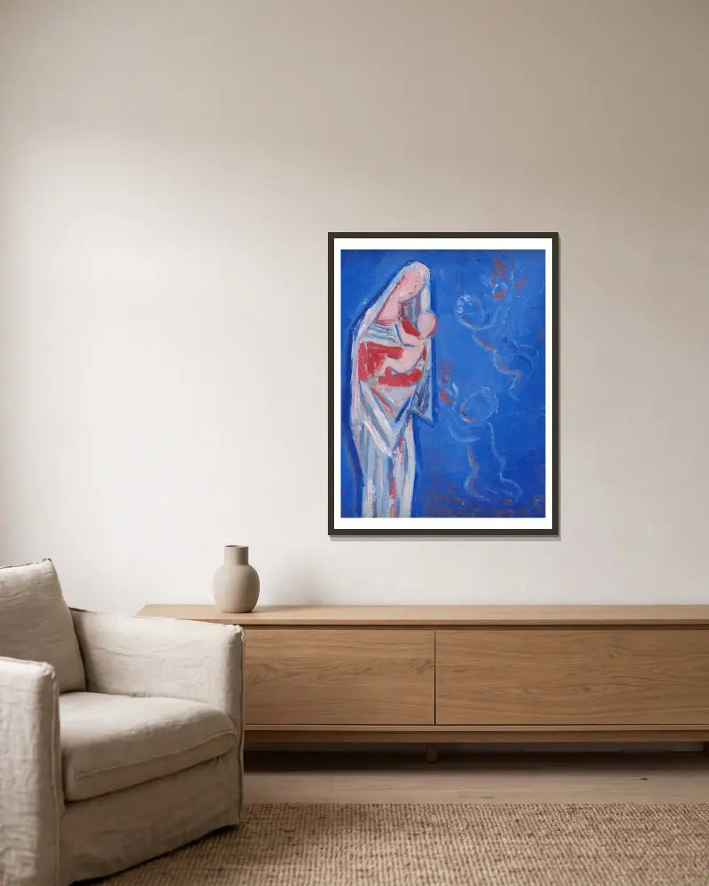 Stehende Madonna mit Engel von Mikuláš Galanda gerahmt an einer Wand