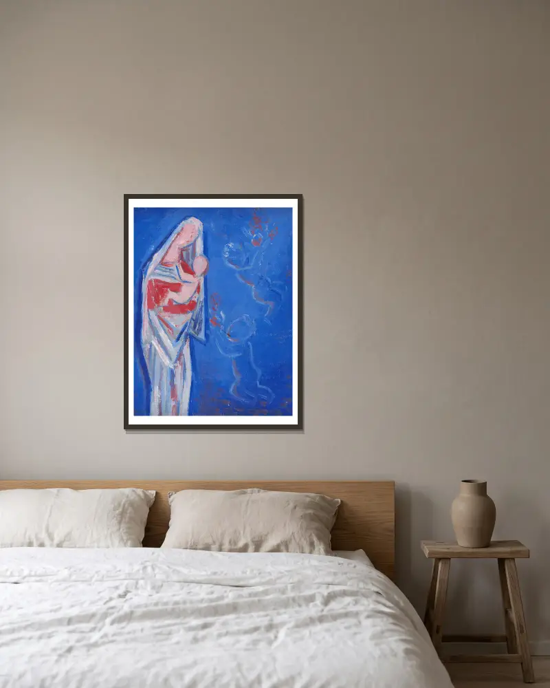 Stehende Madonna mit Engel von Mikuláš Galanda gerahmt an einer Wand