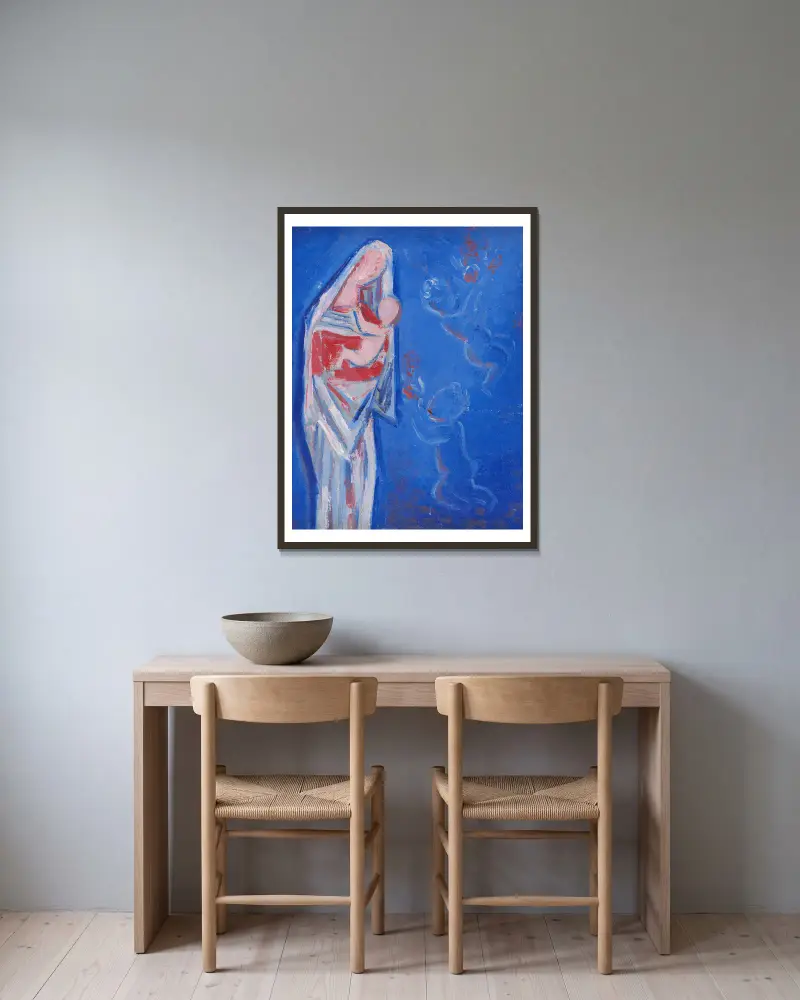 Stehende Madonna mit Engel von Mikuláš Galanda gerahmt an einer Wand