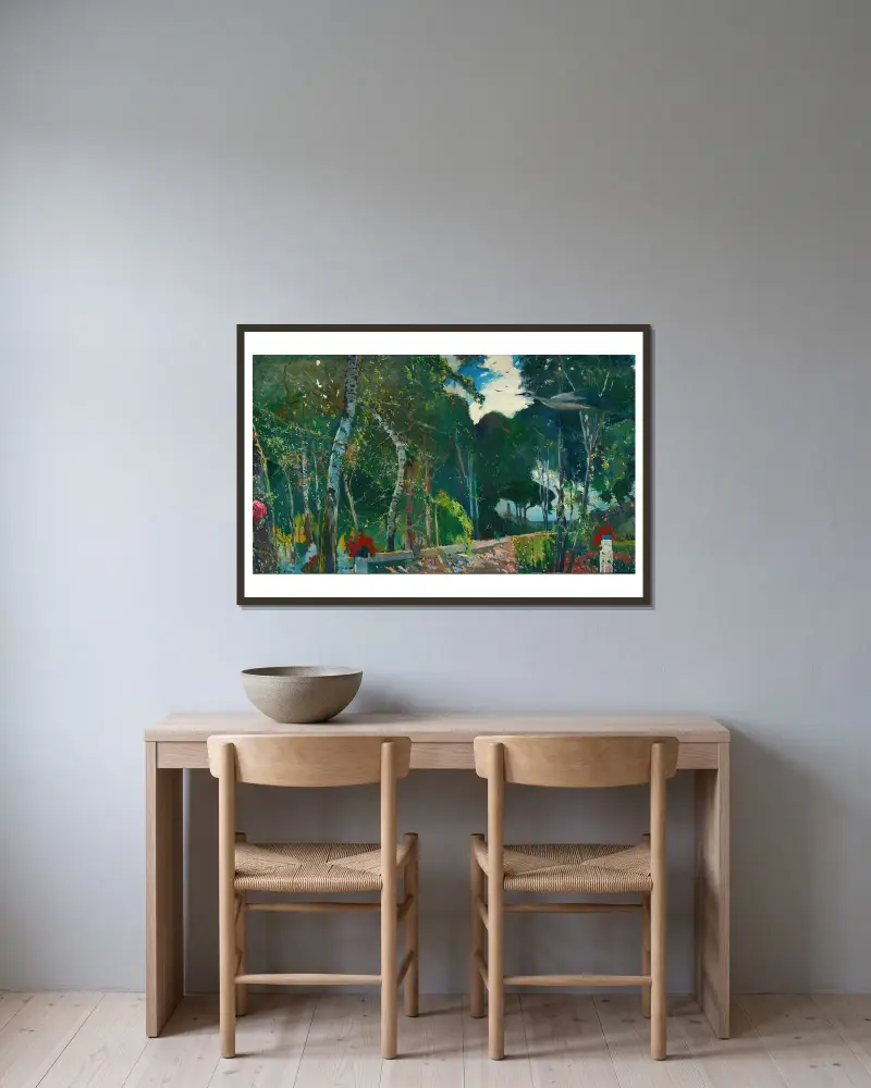 Das blaue Haus von Joaquin Mir Trinxet gerahmt an einer Wand