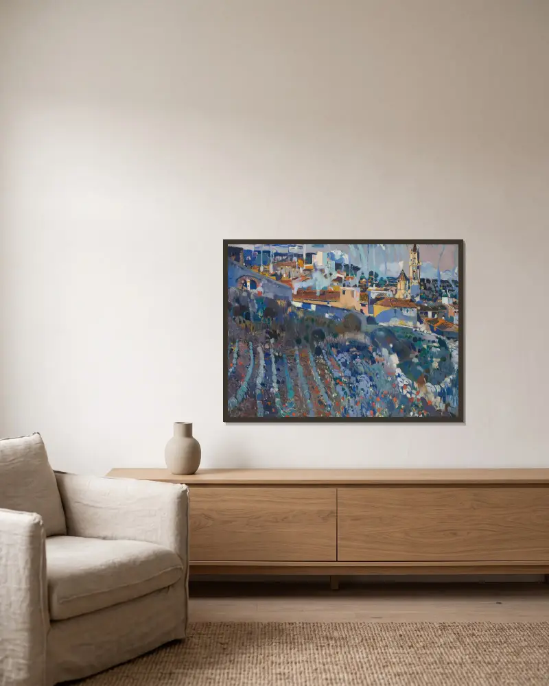 Terraced Village av Joaquin Mir Trinxet inramad på en vägg