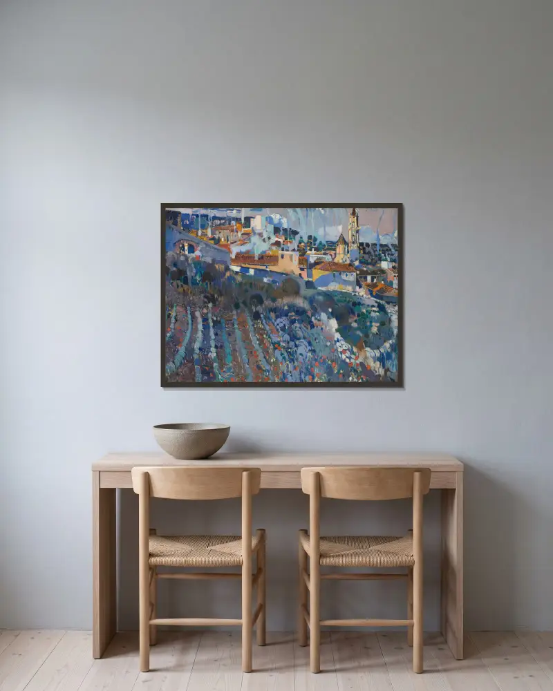 Terraced Village av Joaquin Mir Trinxet inramad på en vägg