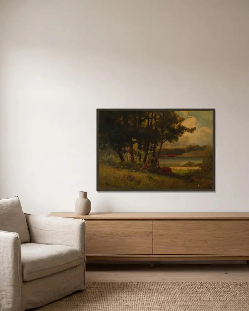 Untitled (landscape with cows grazing near river) – nr 5 av Edward Mitchell Bannister inramad på en vägg
