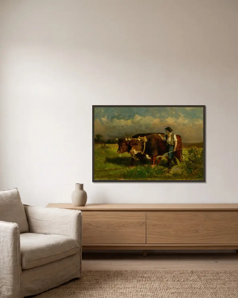 Untitled (man with two oxen), 1869 av Edward Mitchell Bannister inramad på en vägg