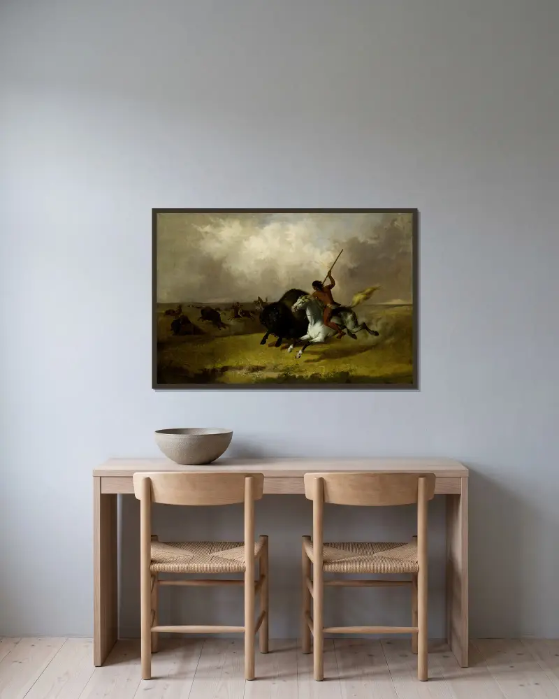 Büffeljagd in den südwestlichen Prärien von John Mix Stanley gerahmt an einer Wand