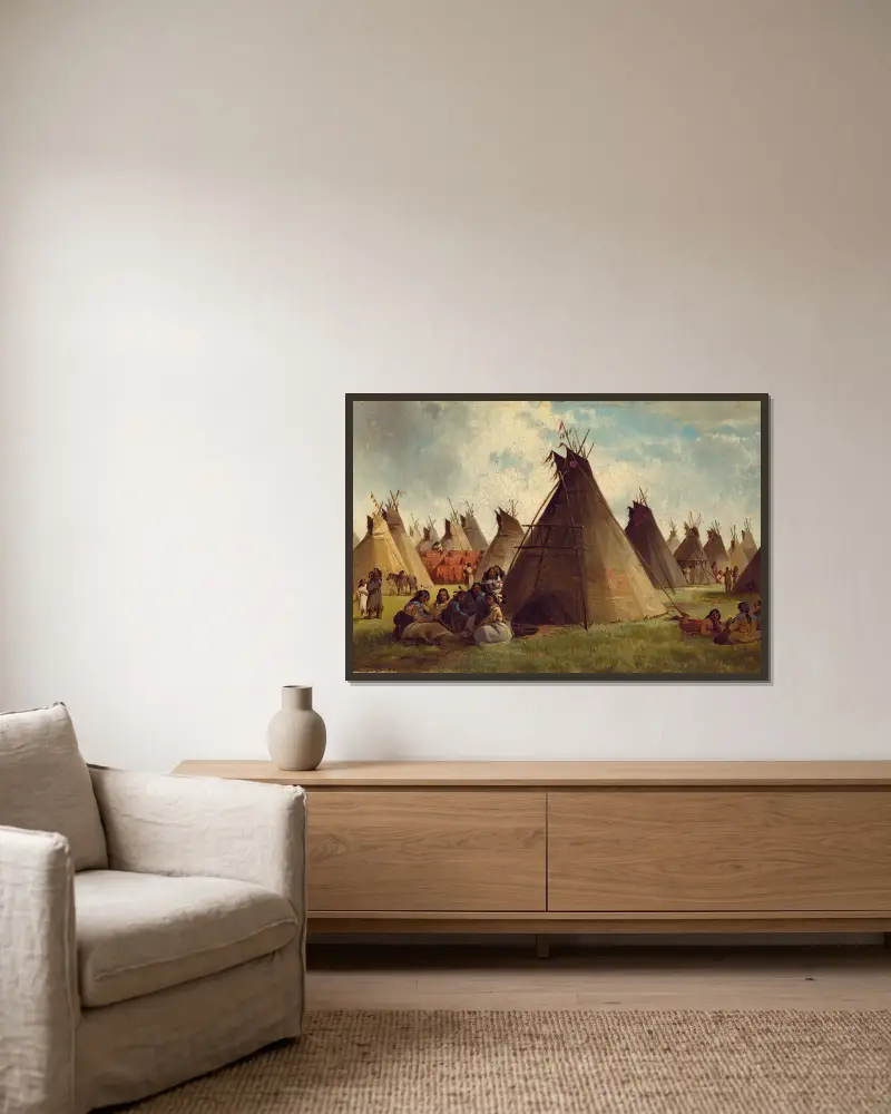 Prairie Indian Encampment av John Mix Stanley inramad på en vägg