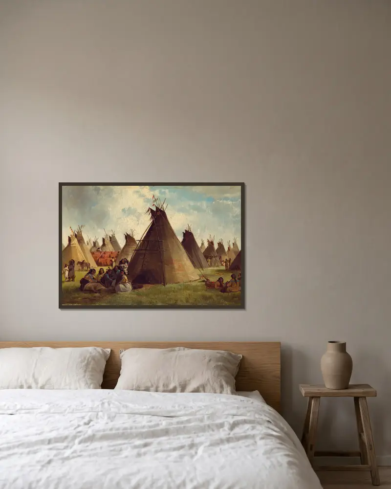 Prairie Indian Encampment av John Mix Stanley inramad på en vägg